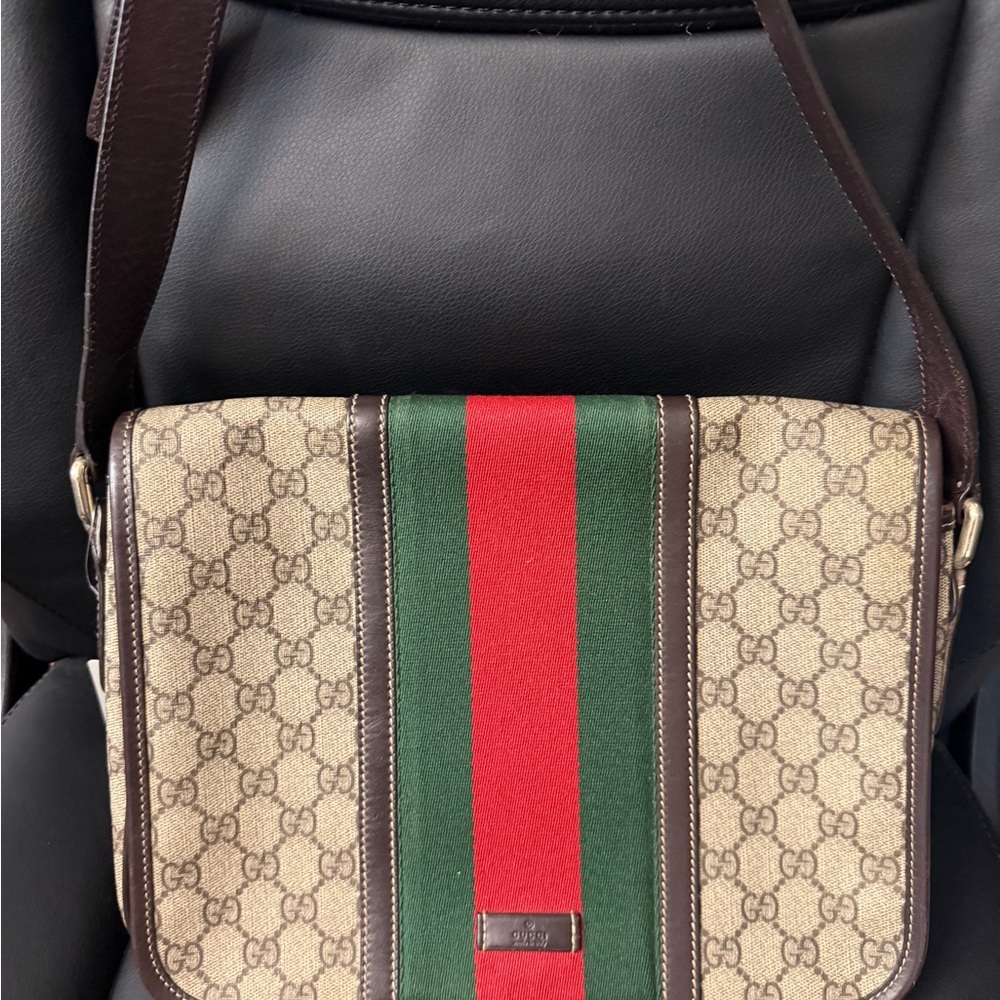Gucci Beige and Brown Messenger Bag with Red and Green Stripe